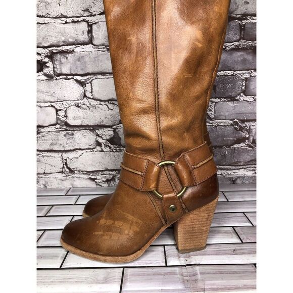 Frye Tan Brown Leather Harness Side Zipper Heel Boots Women Sz 6M US/37EU - Picture 4 of 15